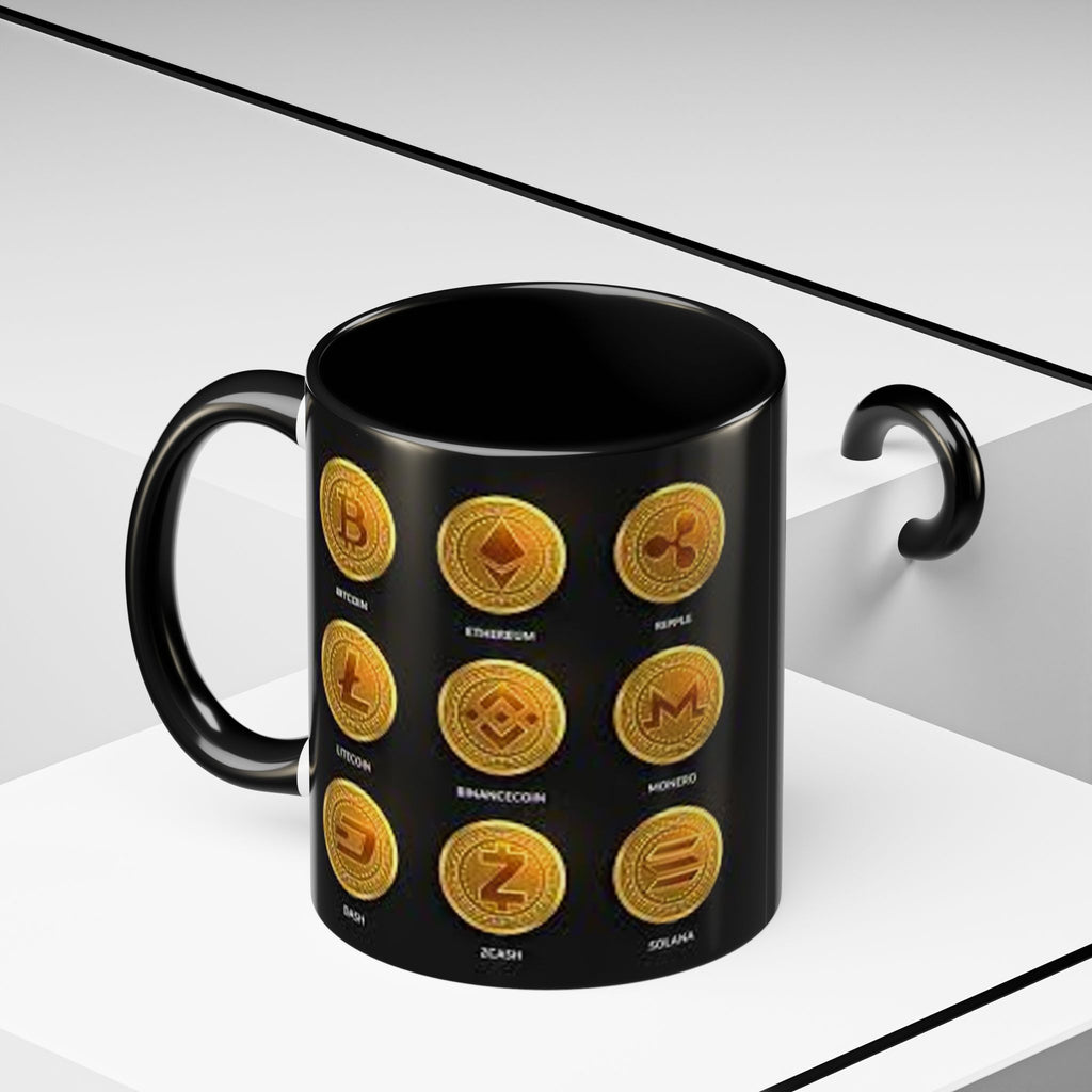 Cryptocurrency Coin Icons Accent Mug | Bitcoin Ethereum Litecoin Doge Coffee Mug