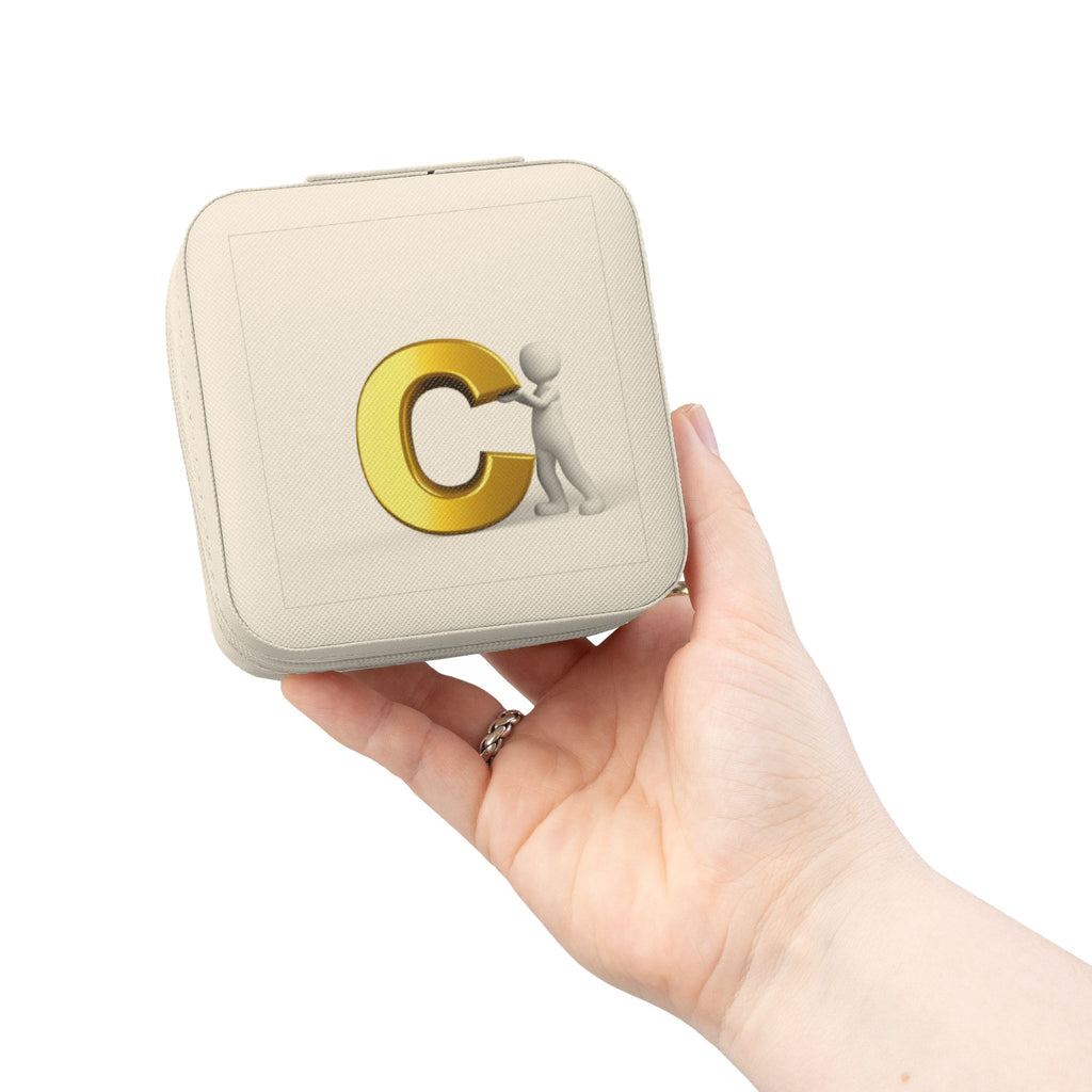 Gold Letter C Initial Jewelry Travel Case | Pink Compact Organizer