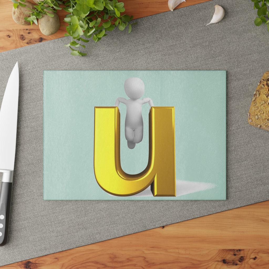 3D Gold Letter U with Figure Glass Cutting Board | Monogram Initial Kitchen Decor
