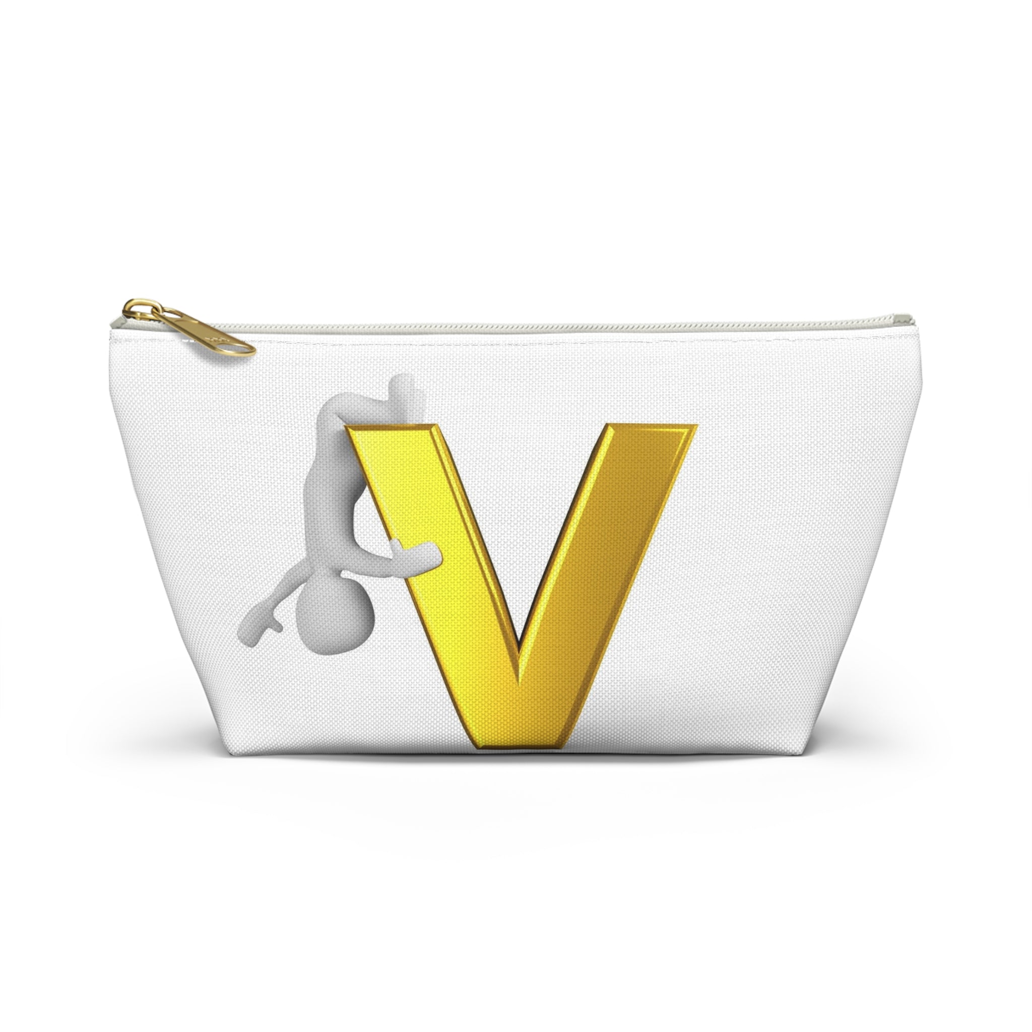 Gold Letter V with Hanging Stick Figure Accessory Pouch