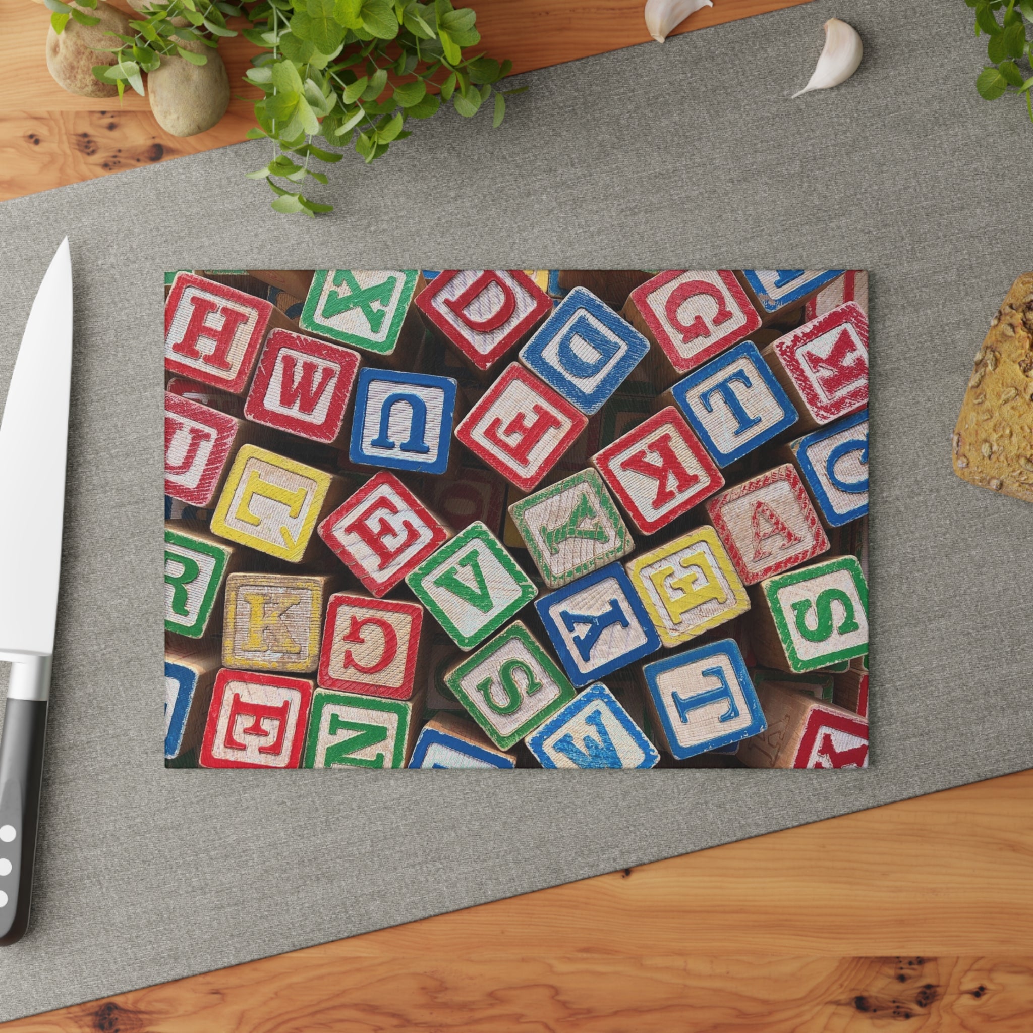 Vintage Wooden Alphabet Blocks Glass Cutting Board | Kids Nursery Decor