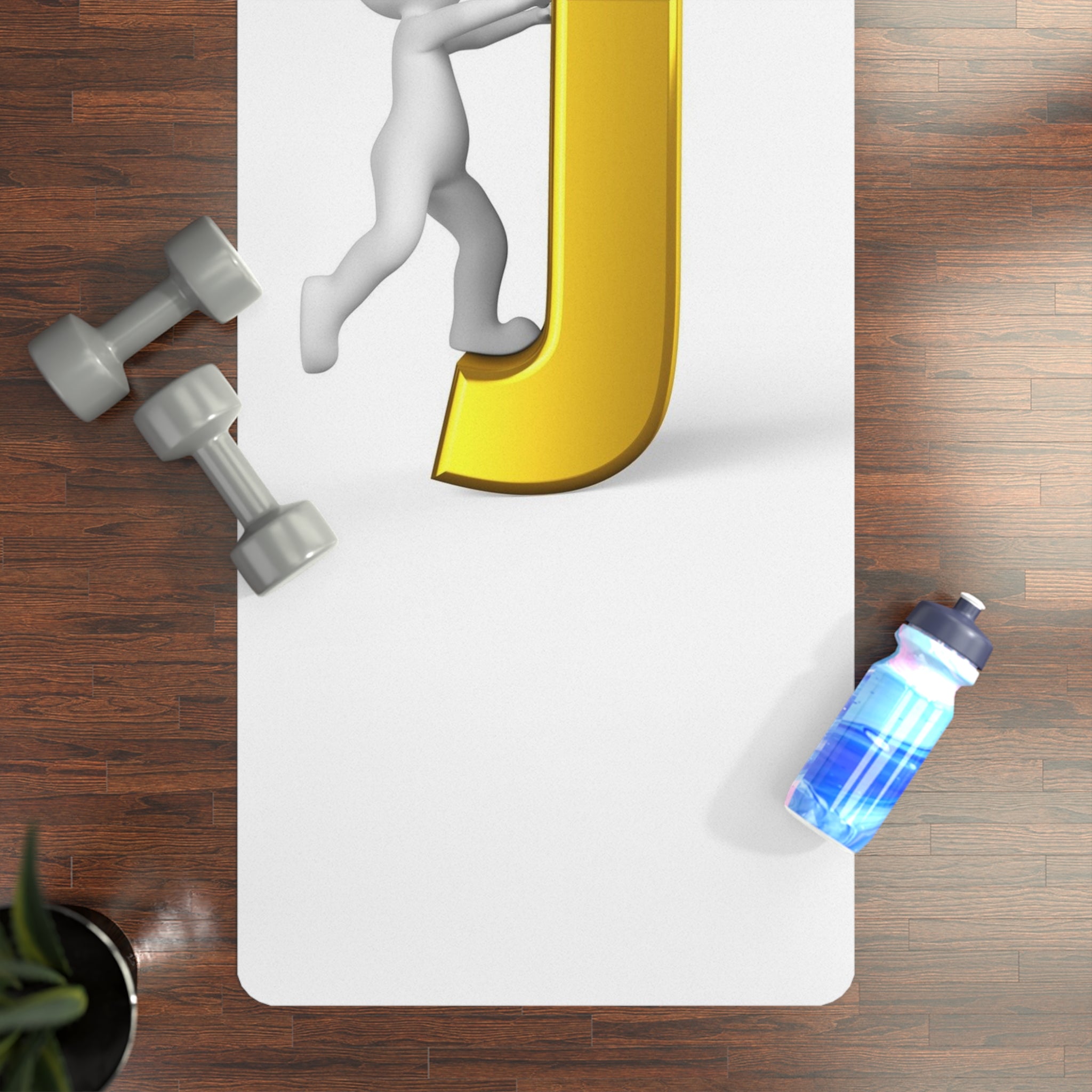 3D Stick Figure Pushing Gold Letter J Rubber Yoga Mat | Monogram Initial Exercise Mat
