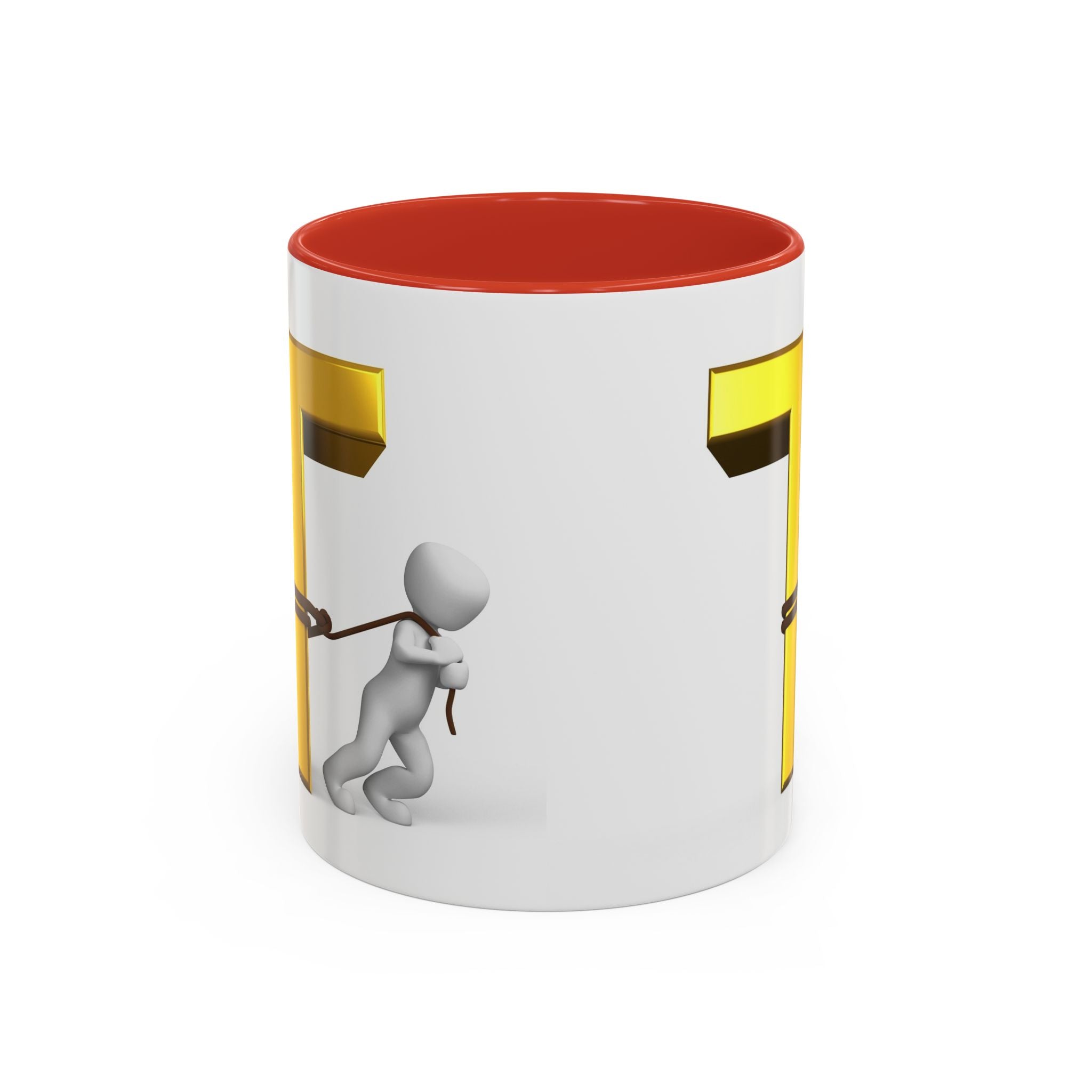 3D Stick Figure Tugging Gold Letter T Mug | Accent Coffee Mug