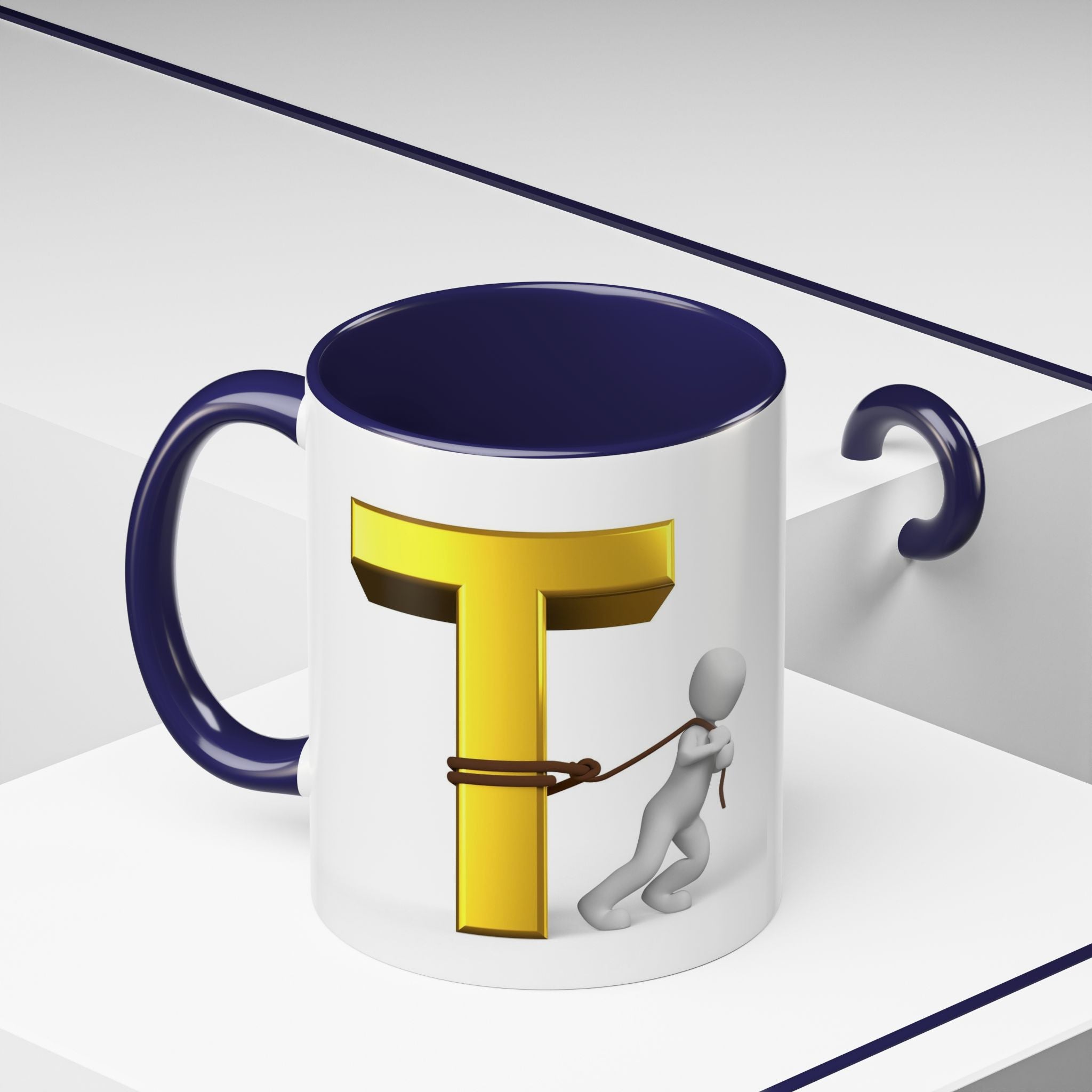 3D Stick Figure Tugging Gold Letter T Mug | Accent Coffee Mug