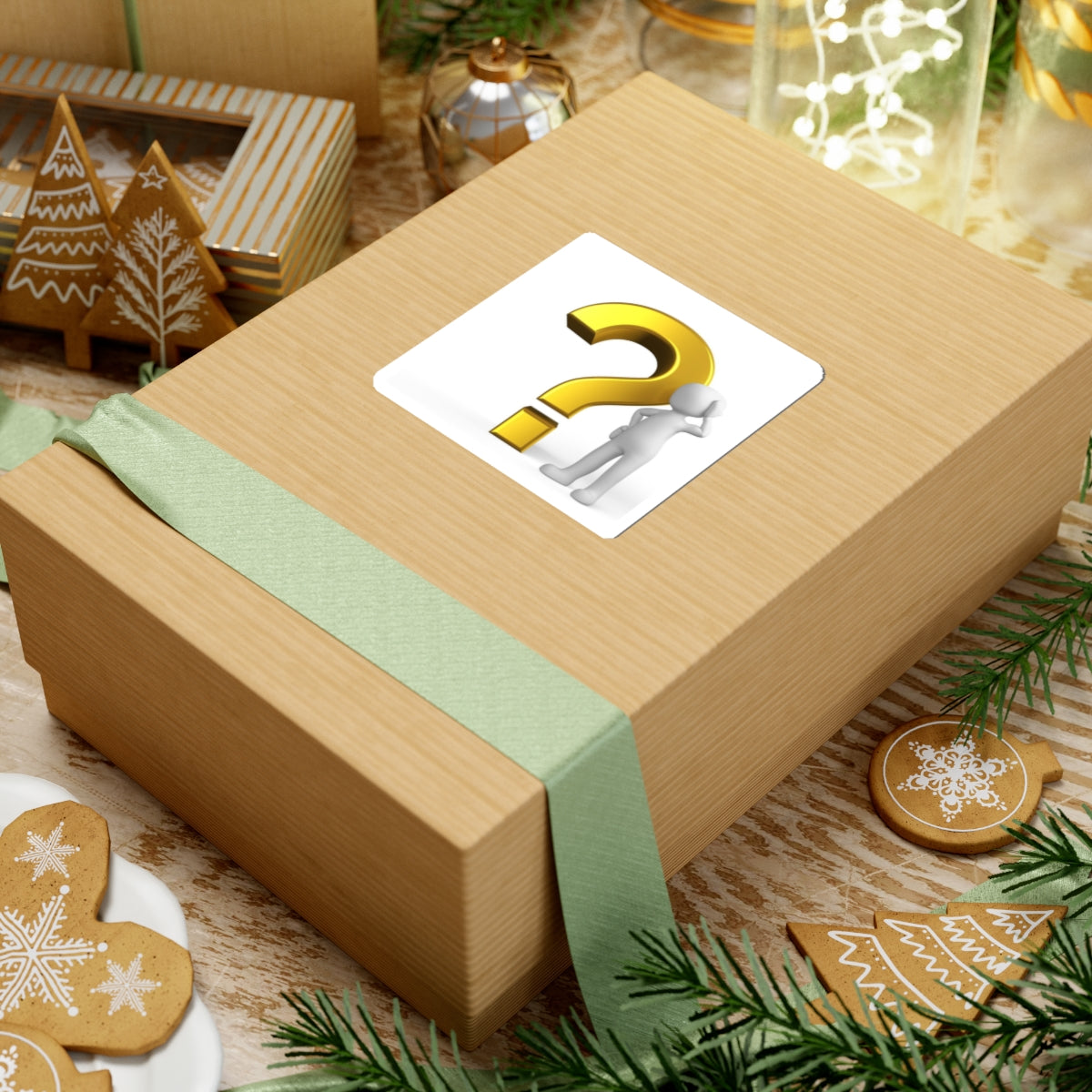 3D Gold Question Mark with Thinking Figure Kiss-Cut Stickers | Inquiry Icon Sticker