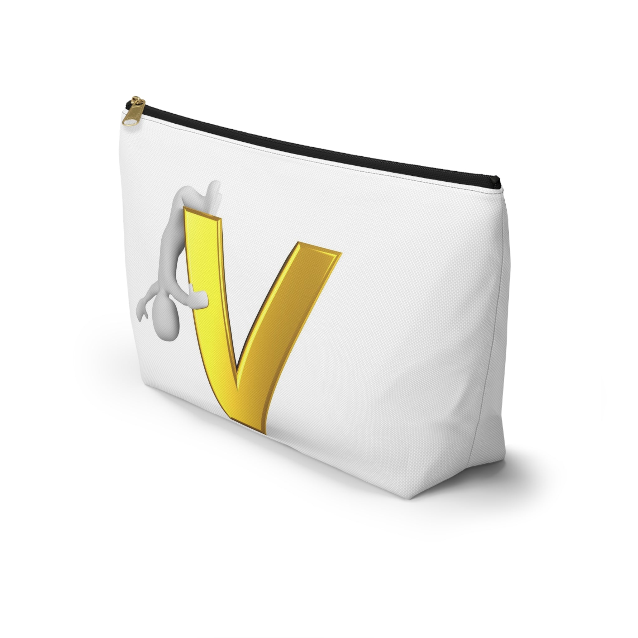 Gold Letter V with Hanging Stick Figure Accessory Pouch