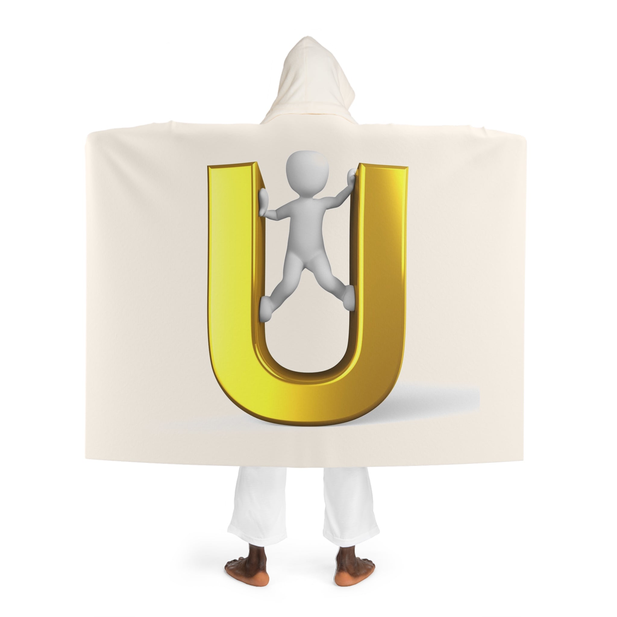 Cream Hooded Sherpa Fleece Blanket | Gold Letter U With Figure Cozy Hooded Throw