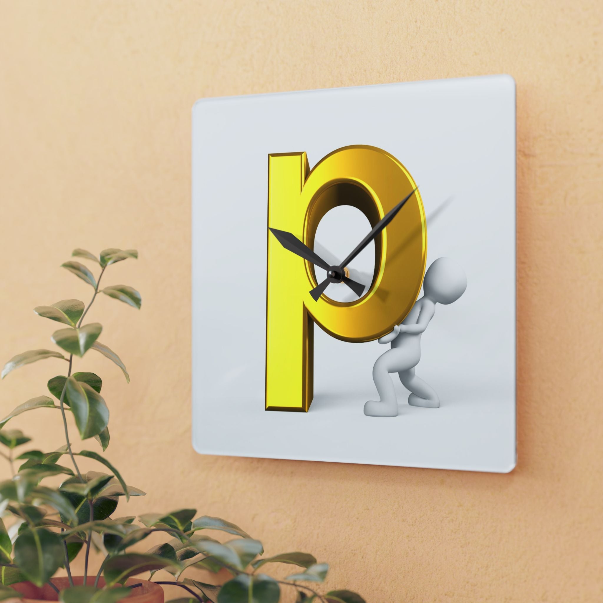 3D Gold Letter P with Figure Acrylic Wall Clock | Modern Alphabet Decor