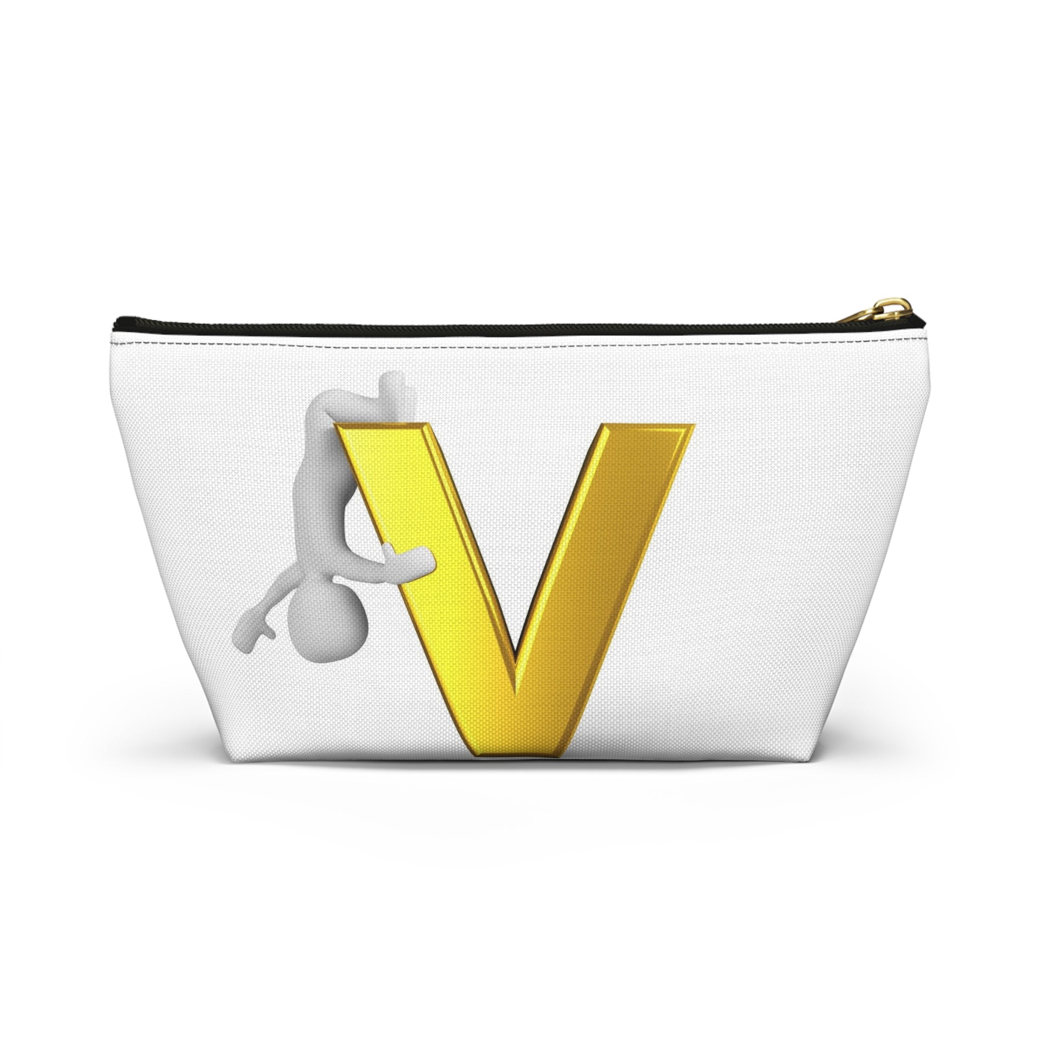 Gold Letter V with Hanging Stick Figure Accessory Pouch