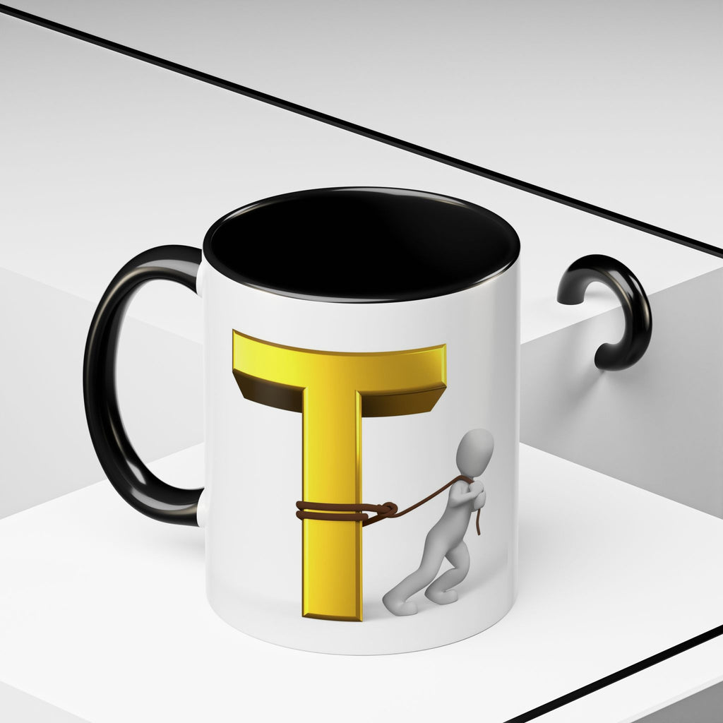 3D Stick Figure Tugging Gold Letter T Mug | Accent Coffee Mug