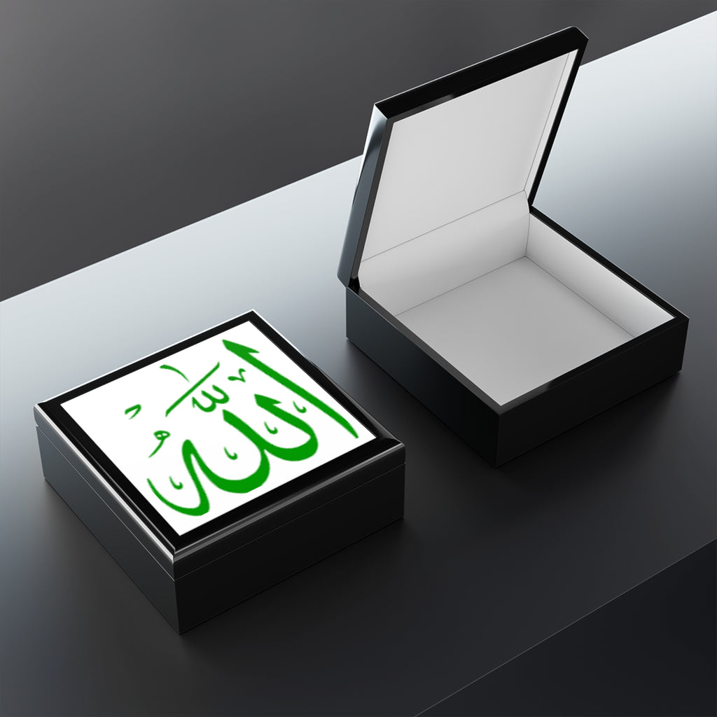 Green Arabic Calligraphy Allah Jewelry Box | Islamic Decorative Keepsake