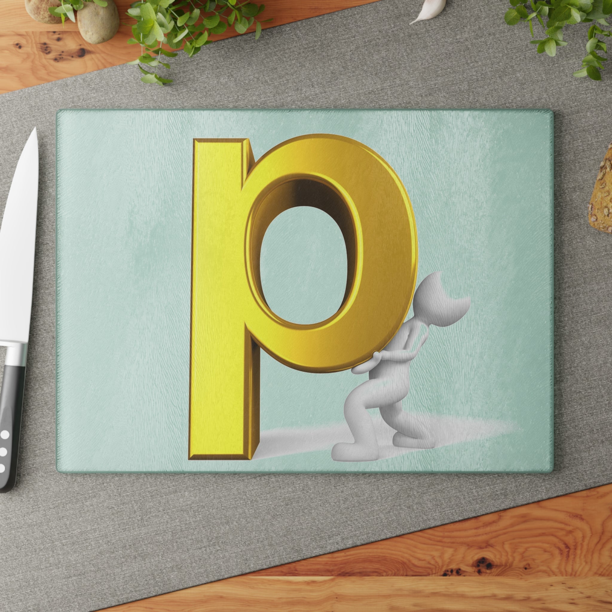 Gold Letter P Illustration Glass Cutting Board | Alphabet Kitchen Décor