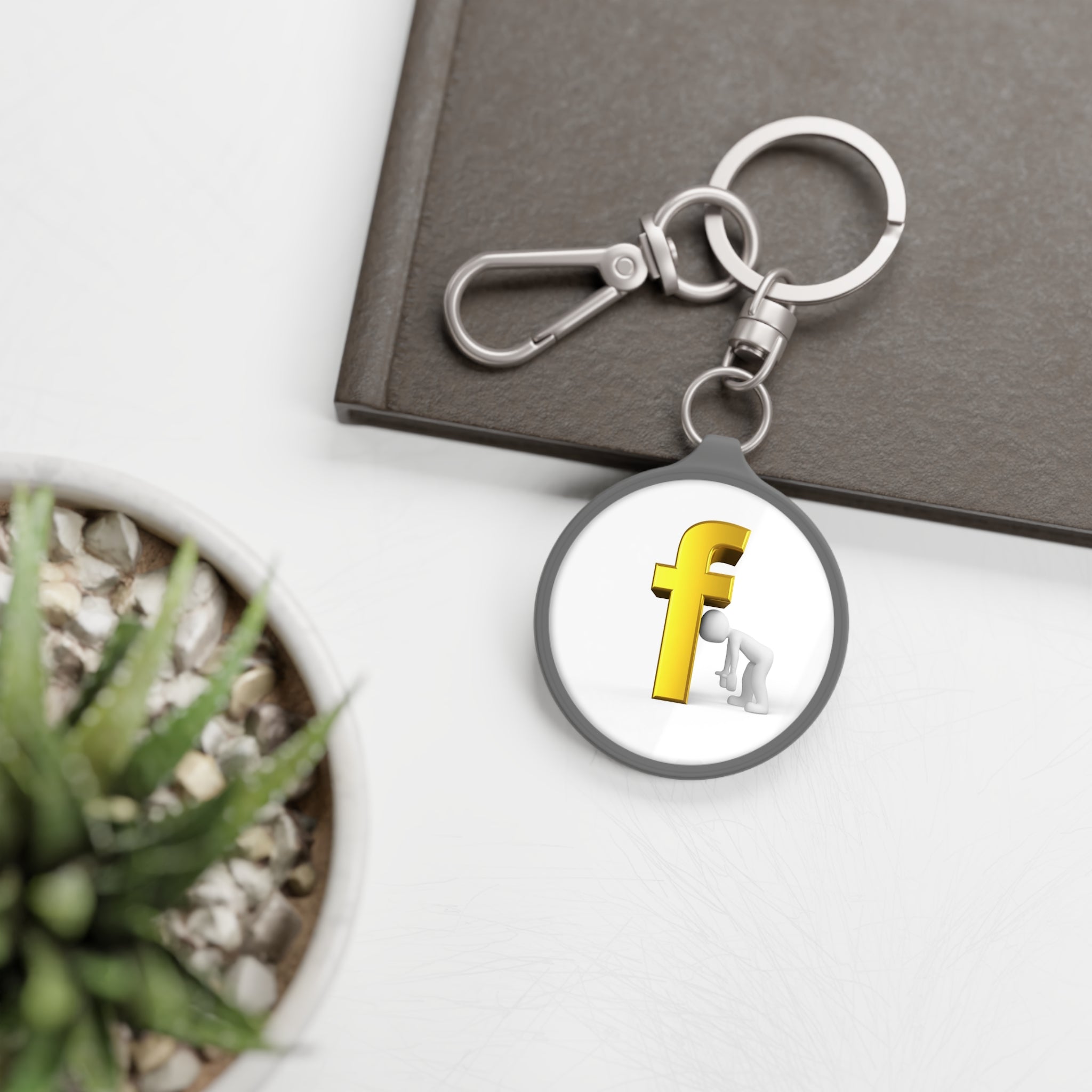 Bending Figure with Gold Letter f Keyring Tag | Round Metal Keychain
