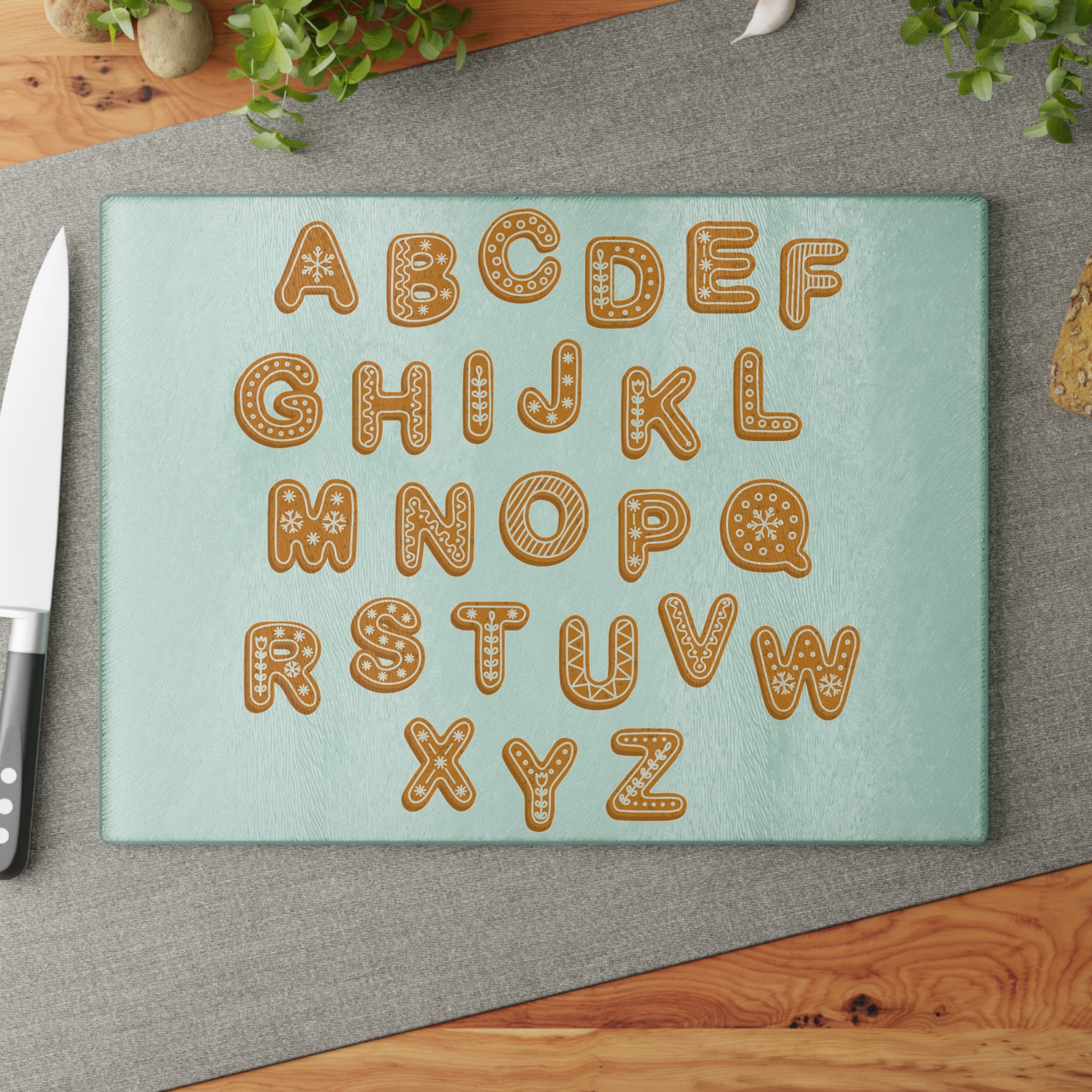 Gingerbread Alphabet Glass Cutting Board | Cookie Letter Kitchen Decor