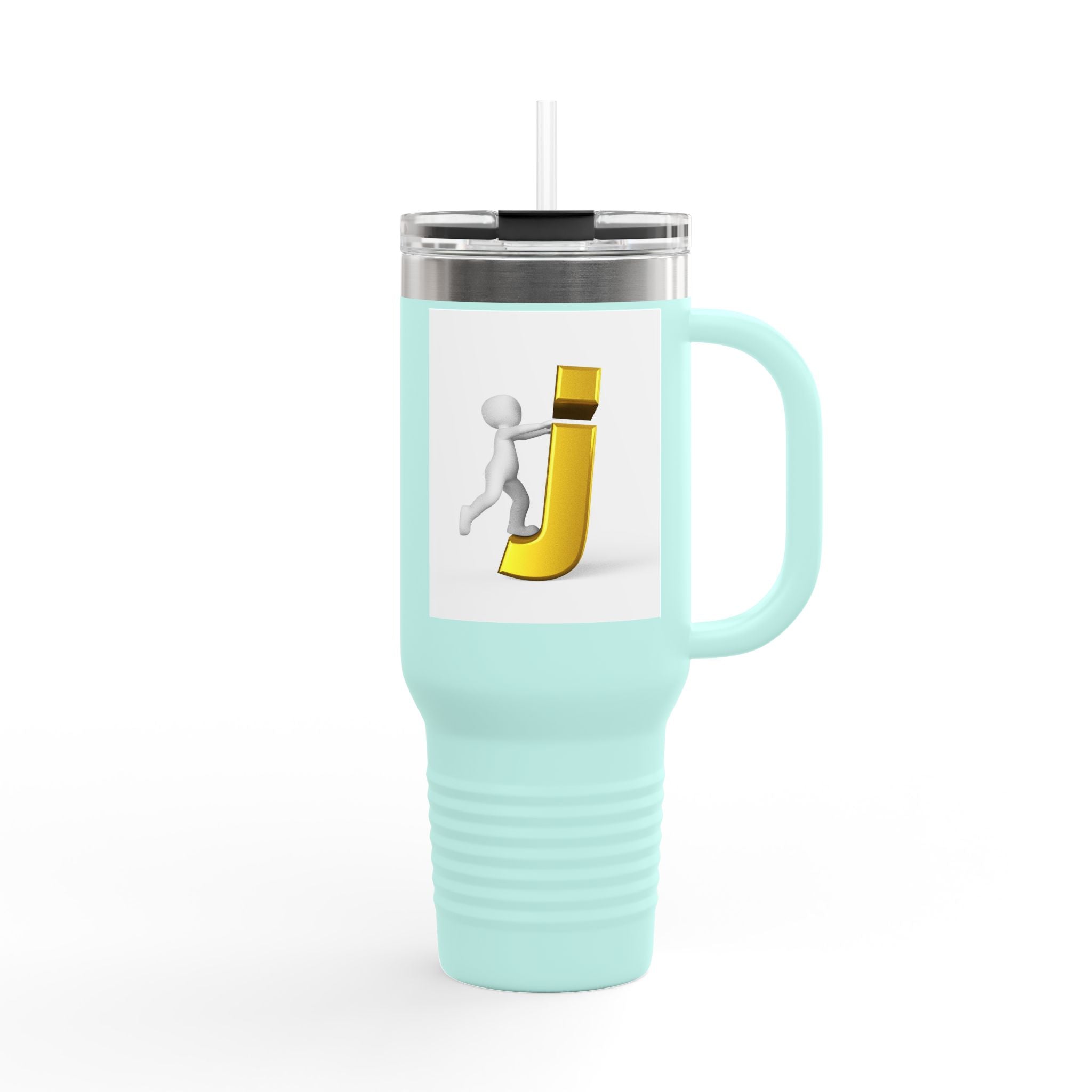 3D Stick Figure Pushing Letter J Travel Mug | 40oz Insulated Tumbler