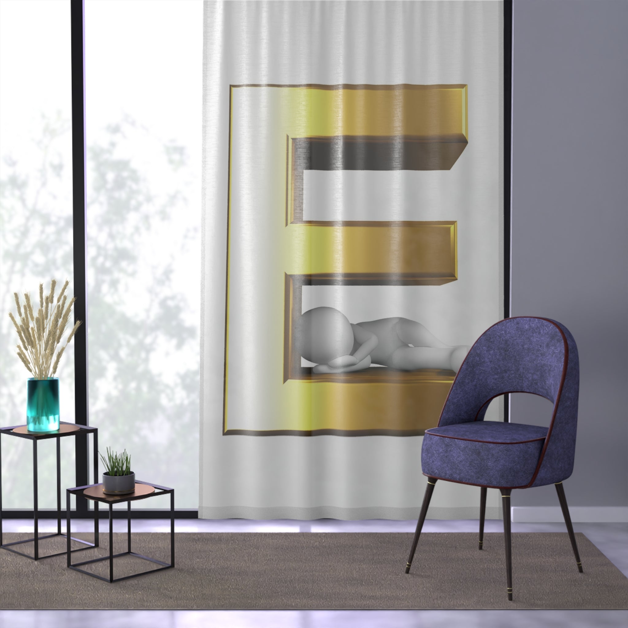 Gold Letter E with Sleeping Figurine Window Curtain | Monogram Initial Decor
