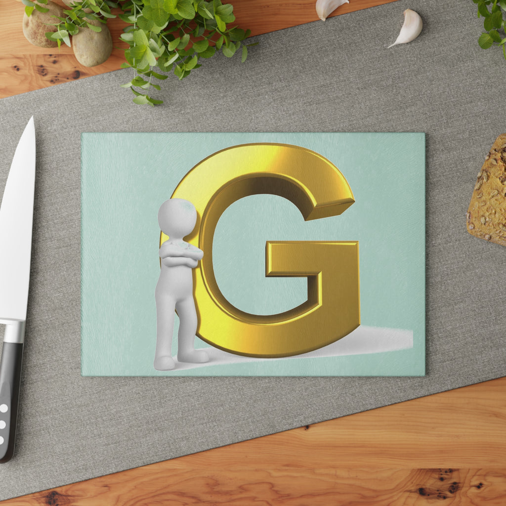 Gold Letter G with 3D Figure Glass Cutting Board | Monogram Initial Kitchen