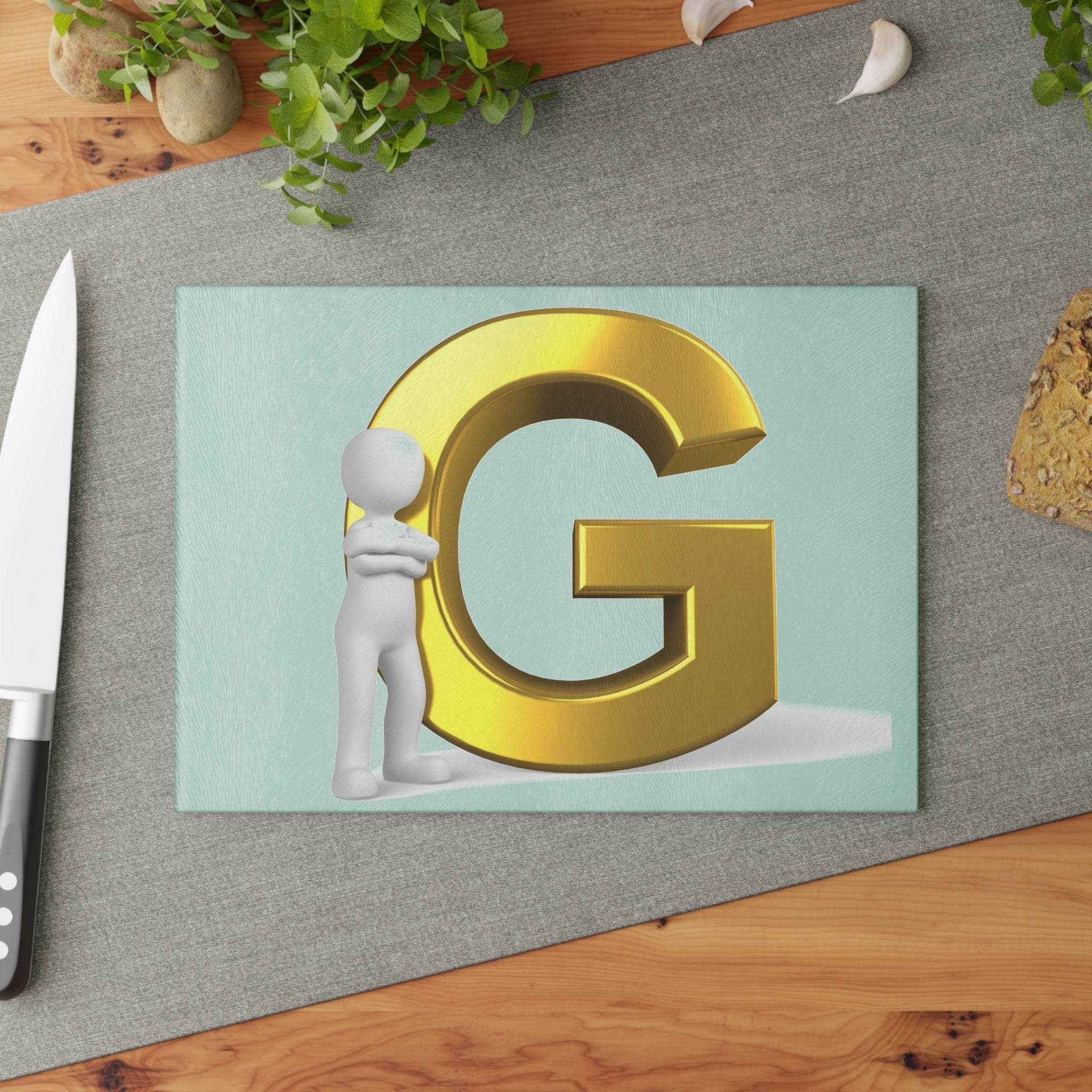 Gold Letter G with 3D Figure Glass Cutting Board | Monogram Initial Kitchen