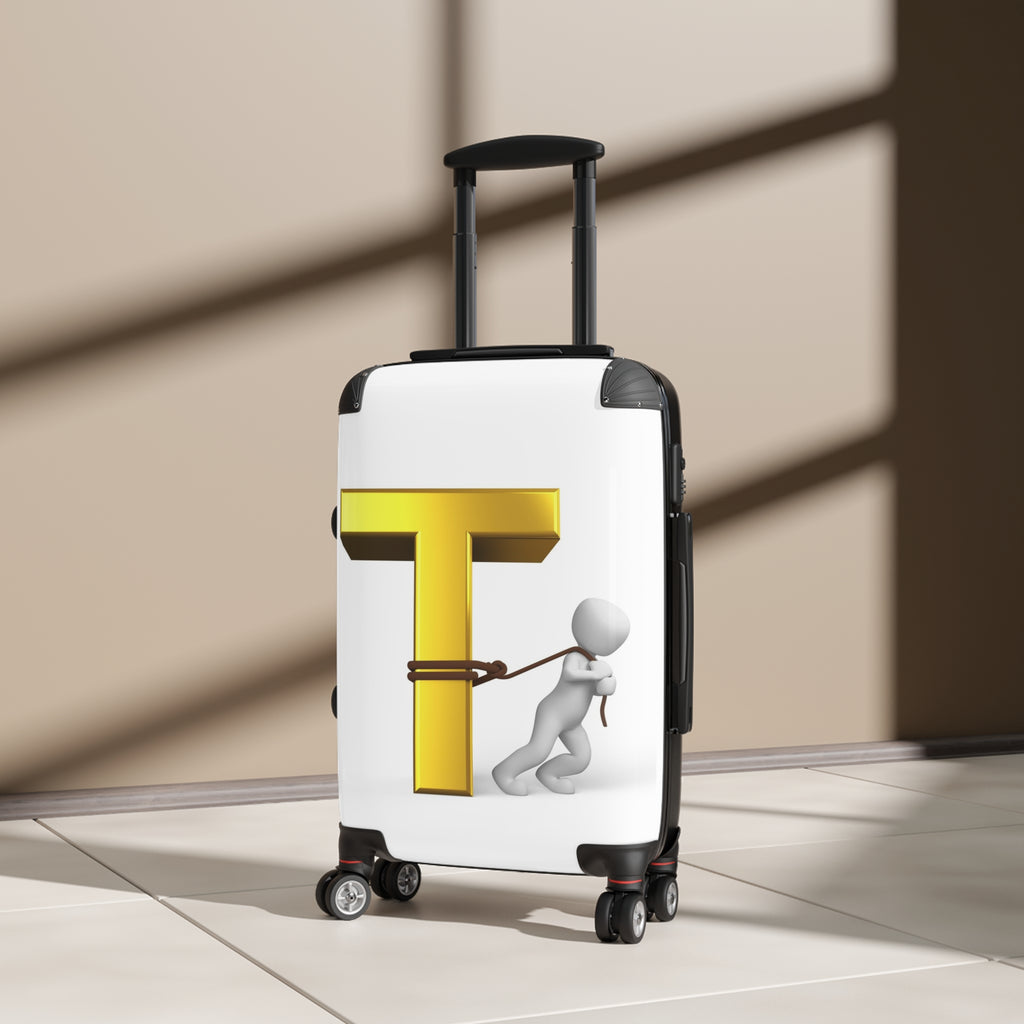 3D Gold Letter T with Figure Suitcase | Personalized Monogram Luggage