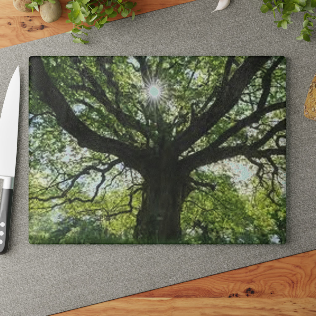 Sunlit Oak Tree Glass Cutting Board | Forest Nature Kitchen Decor