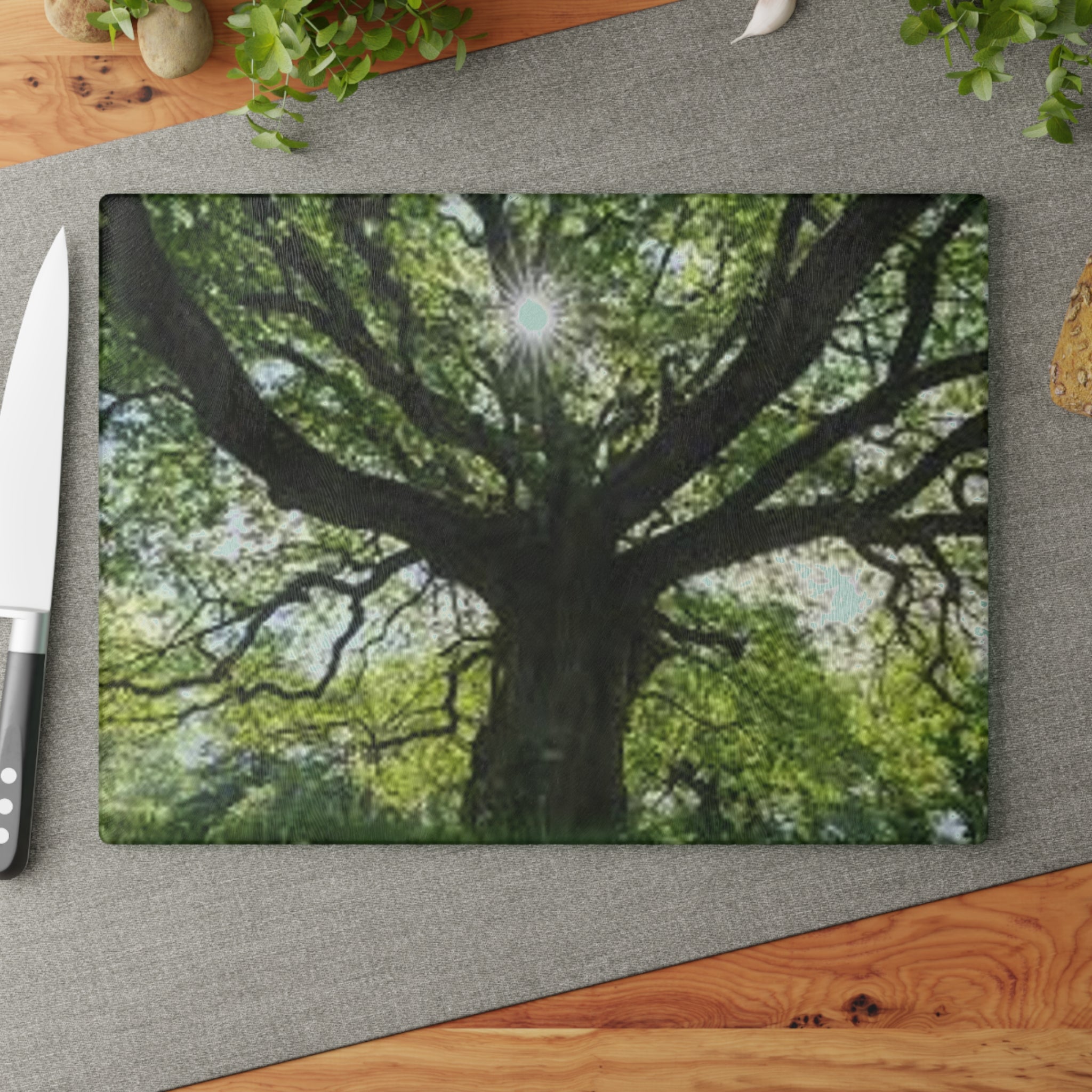 Sunlit Oak Tree Glass Cutting Board | Forest Nature Kitchen Decor