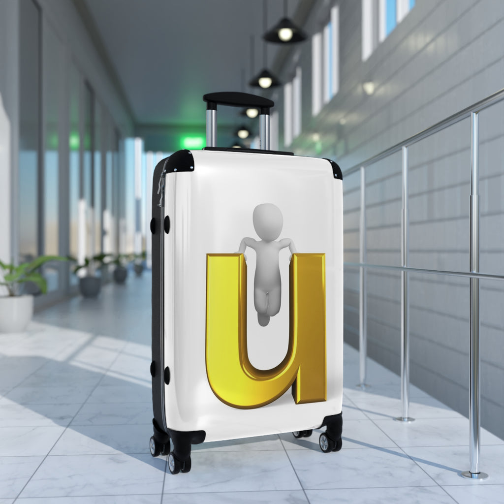 3D Gold Letter U with Figure Suitcase | Personalized Luggage Decal