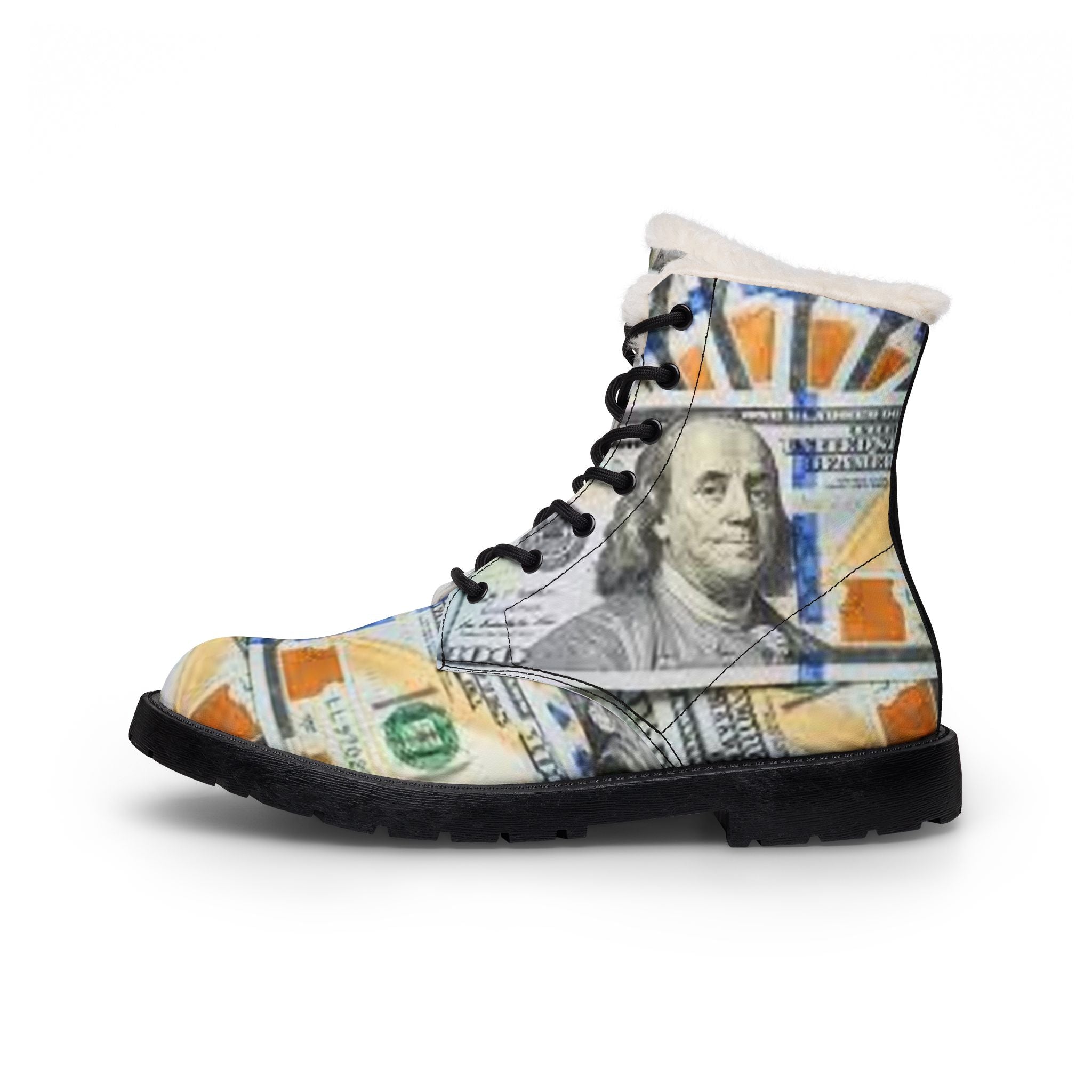Hundred Dollar Bill Print Boots | Leather Fur-Lined Boots