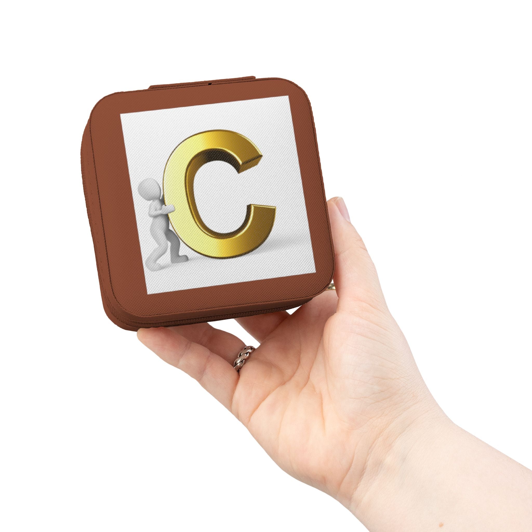 Étui de voyage compact rose pour bijoux avec monogramme C doré | Organisateur de bijoux