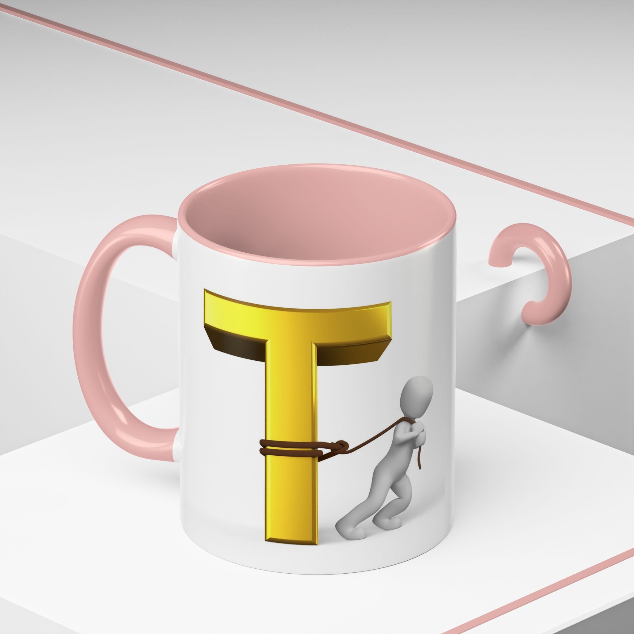 3D Stick Figure Tugging Gold Letter T Mug | Accent Coffee Mug