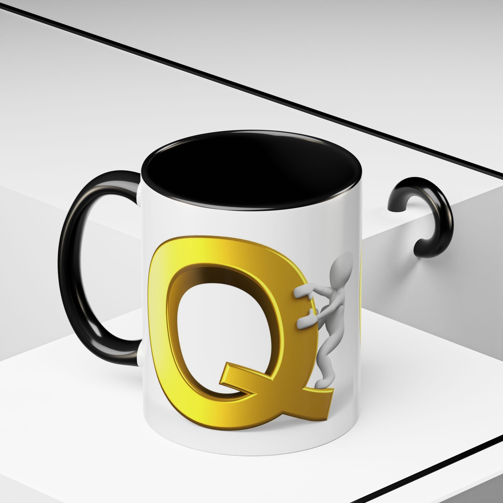3D Gold Letter Q with Climbing Figure Mug | Accent Coffee Mug 11oz 15oz