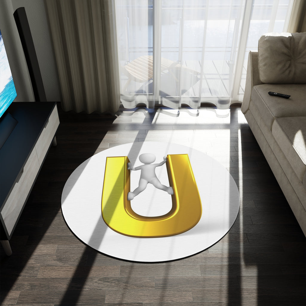 Golden U Letter with Climbing Figure Round Rug | Alphabet Initial Decor