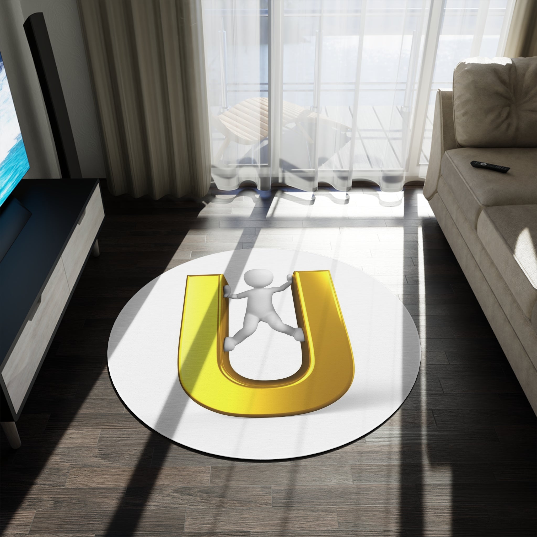 Golden U Letter with Climbing Figure Round Rug | Alphabet Initial Decor