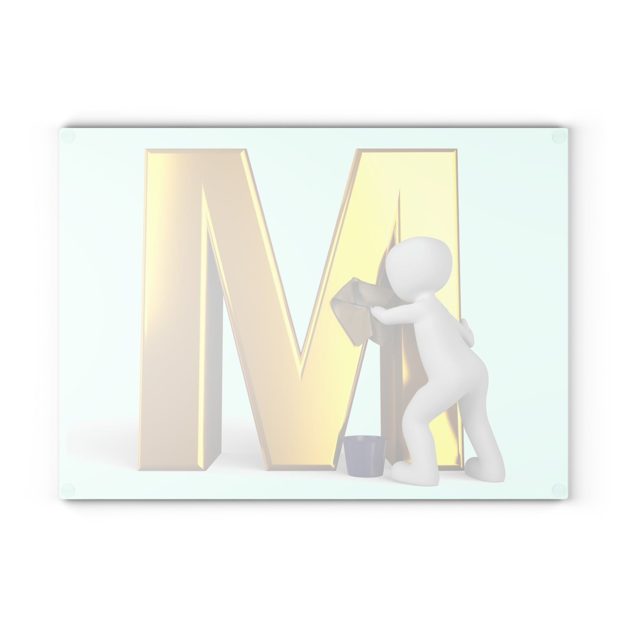 Gold Letter M with Cleaner Illustration Glass Cutting Board | Monogram Kitchen Decor