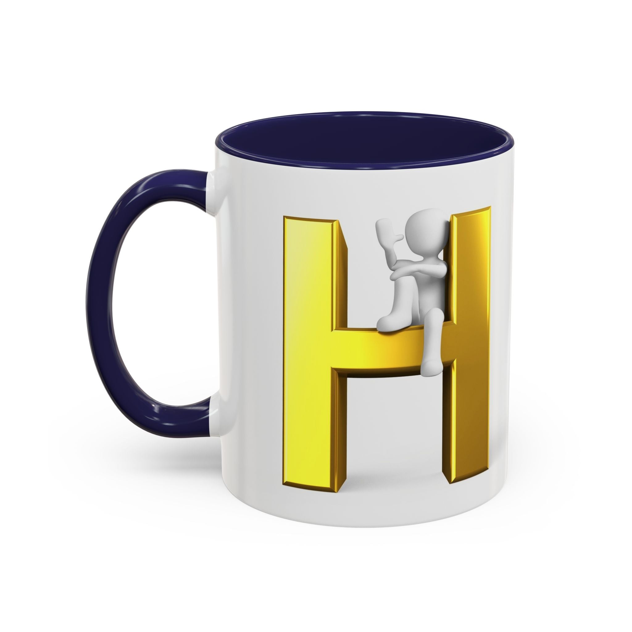 Mug en céramique avec bonhomme allumette 3D accroché à la lettre H dorée | Mug à anse de couleur