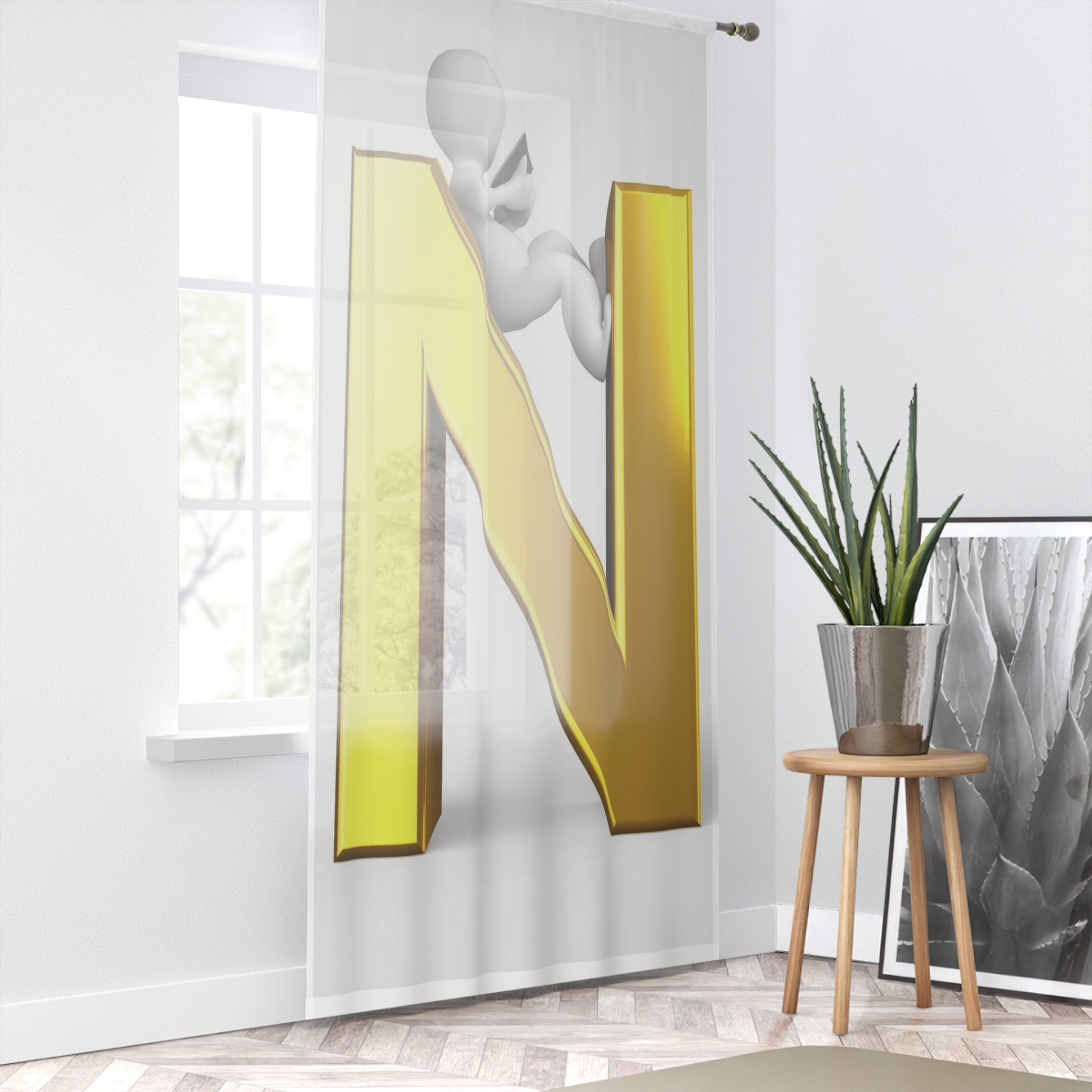 Gold Letter N with 3D Stick Figure Window Curtain | Alphabet Initial Panel