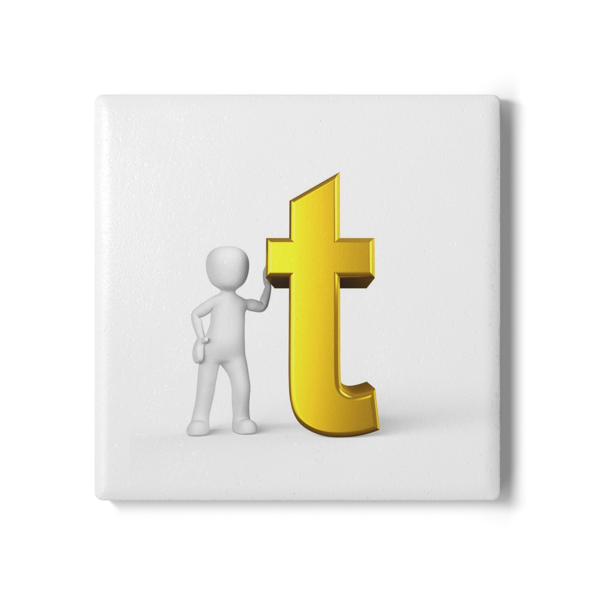 Gold Letter T with Figure Ceramic Coaster | Monogram Initial T coaster