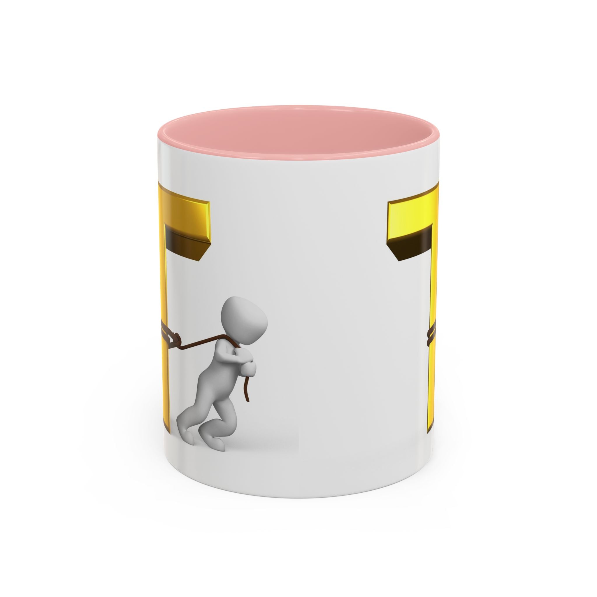 3D Stick Figure Tugging Gold Letter T Mug | Accent Coffee Mug