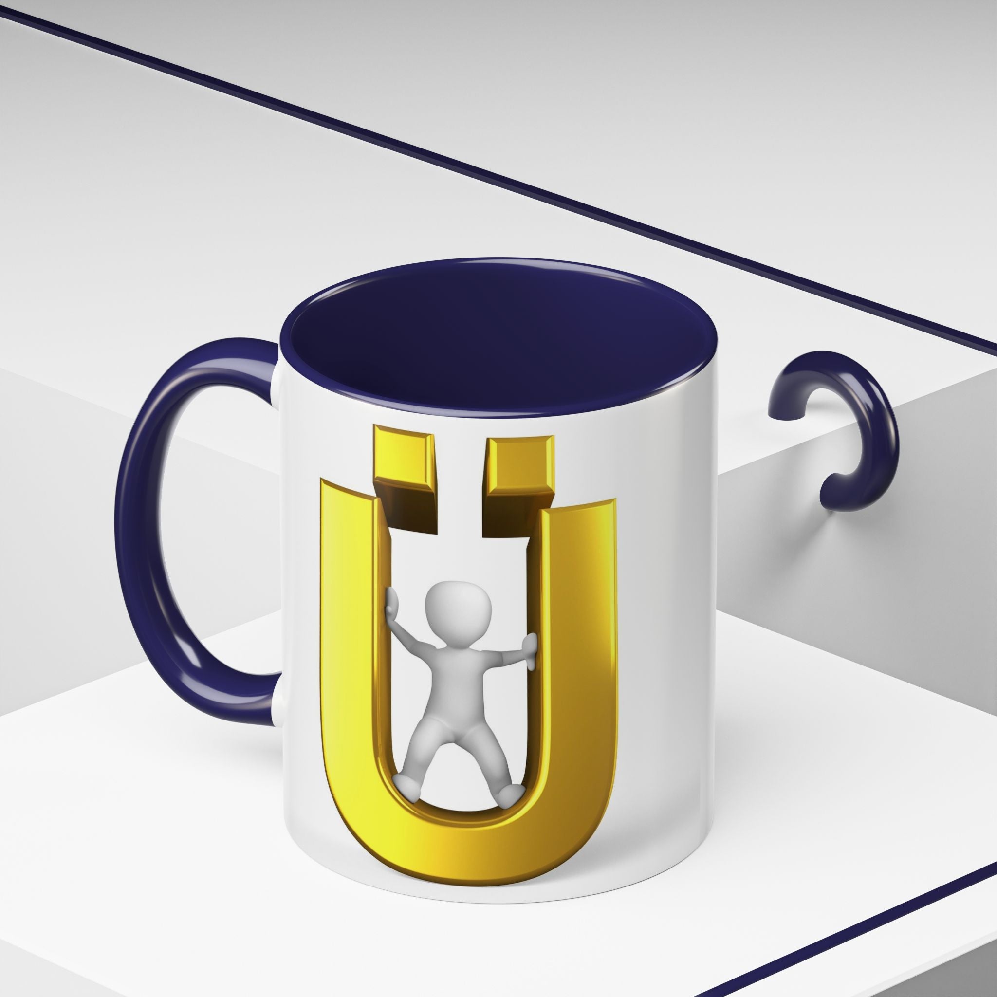 Tasse à café 3D « Lettre Ü dorée avec figurine stylisée » | Mug à anse de couleur
