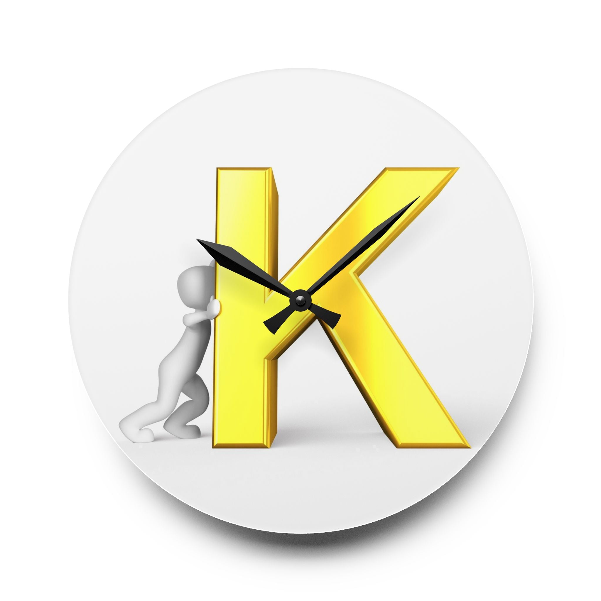 Horloge Murale Acrylique 3D Lettre Jaune K avec Figurine | Décor Initial de l'Alphabet