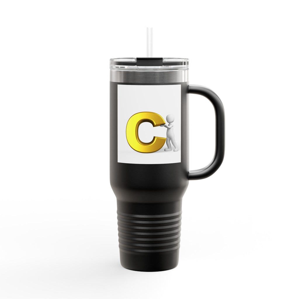 3D Character Leaning on Yellow Letter C Travel Mug | 40oz Insulated Tumbler