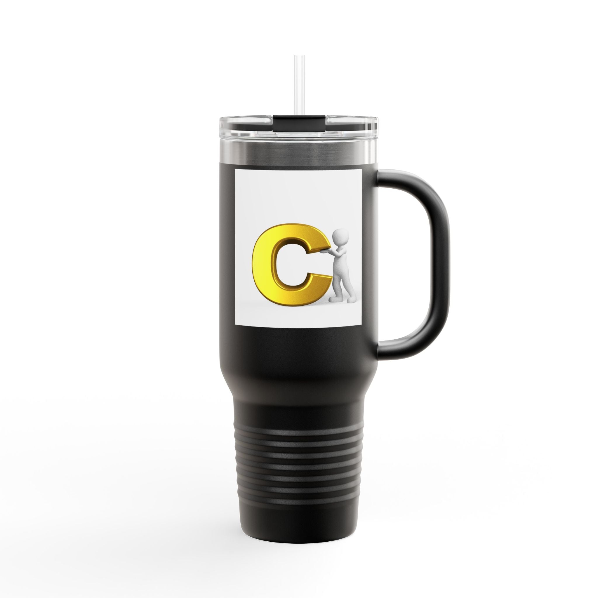 3D Character Leaning on Yellow Letter C Travel Mug | 40oz Insulated Tumbler