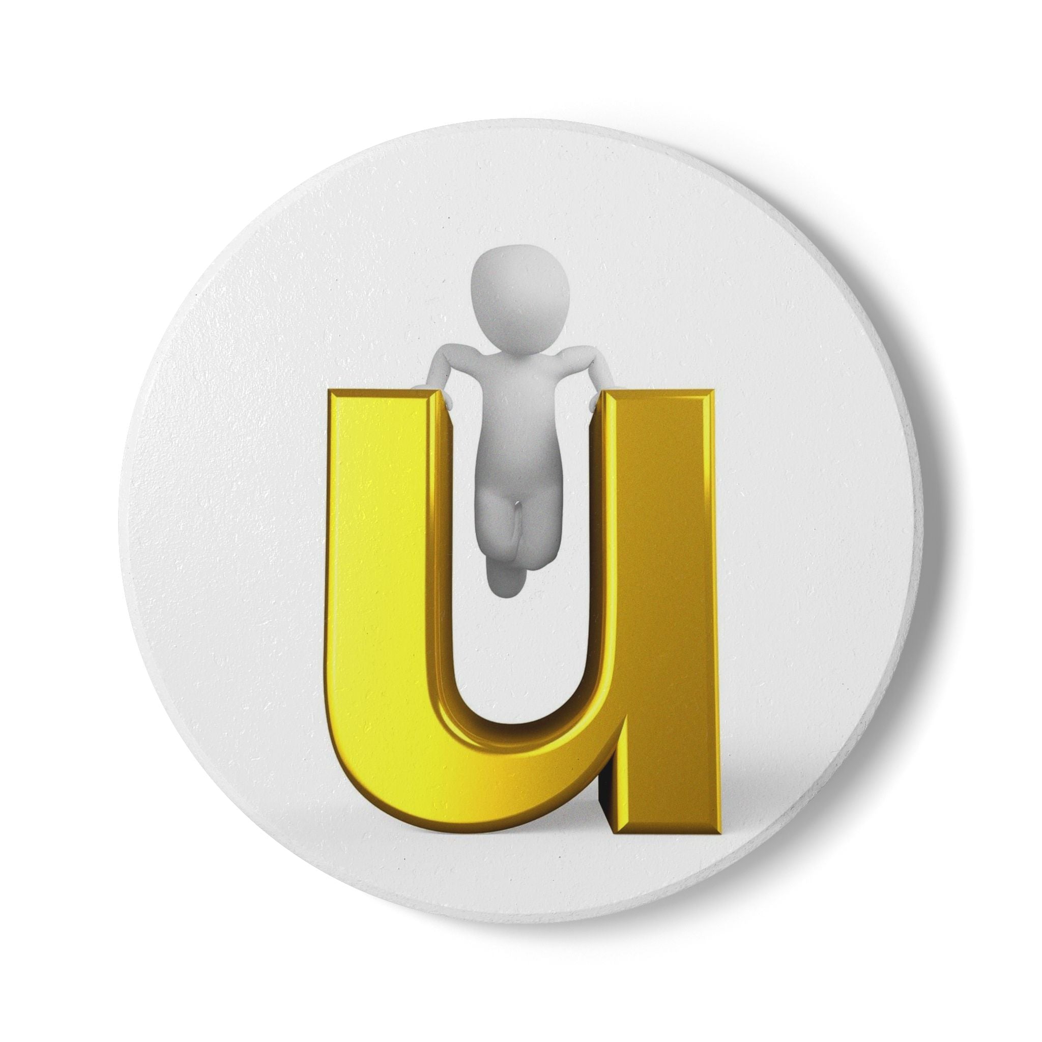 3D Person Climbing Gold Letter U Ceramic Coaster | Alphabet Initial Decor