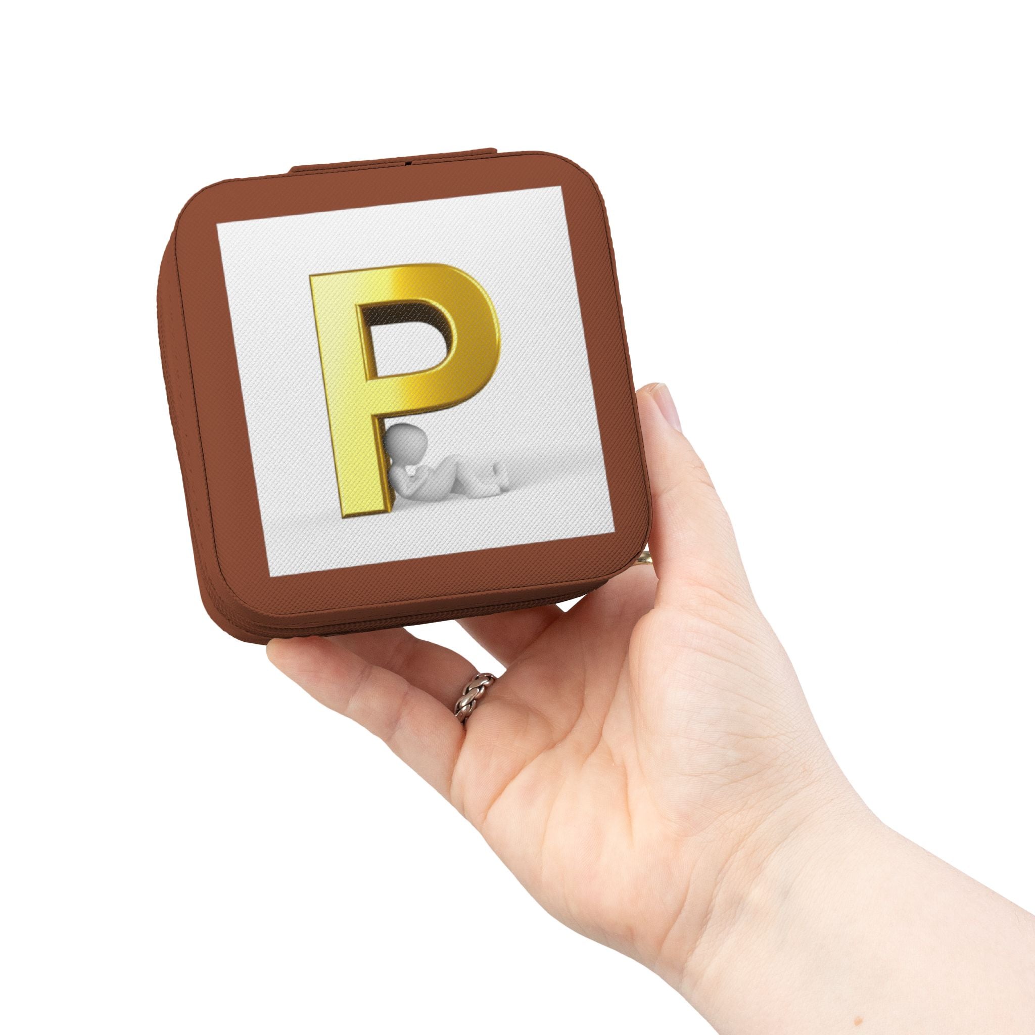 Étui de voyage carré rose compact pour bijoux avec monogramme lettre P dorée