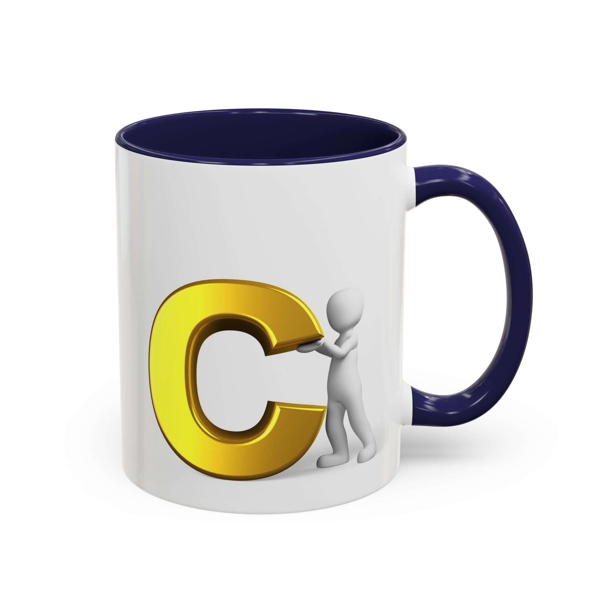 3D Stick Figure Holding Gold Letter C Accent Coffee Mug | Initial Monogram Mug