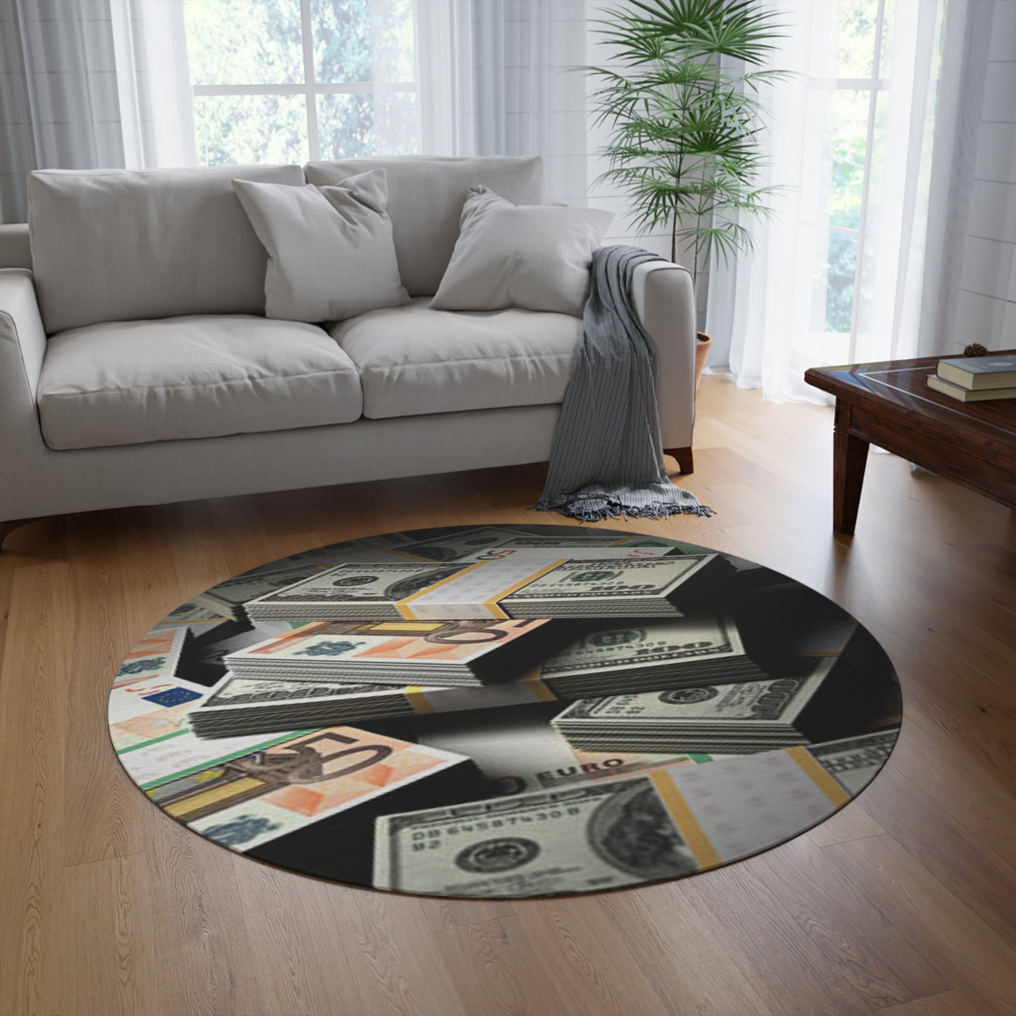 Stacked Cash round rug | Money print round rug, dollar euro design