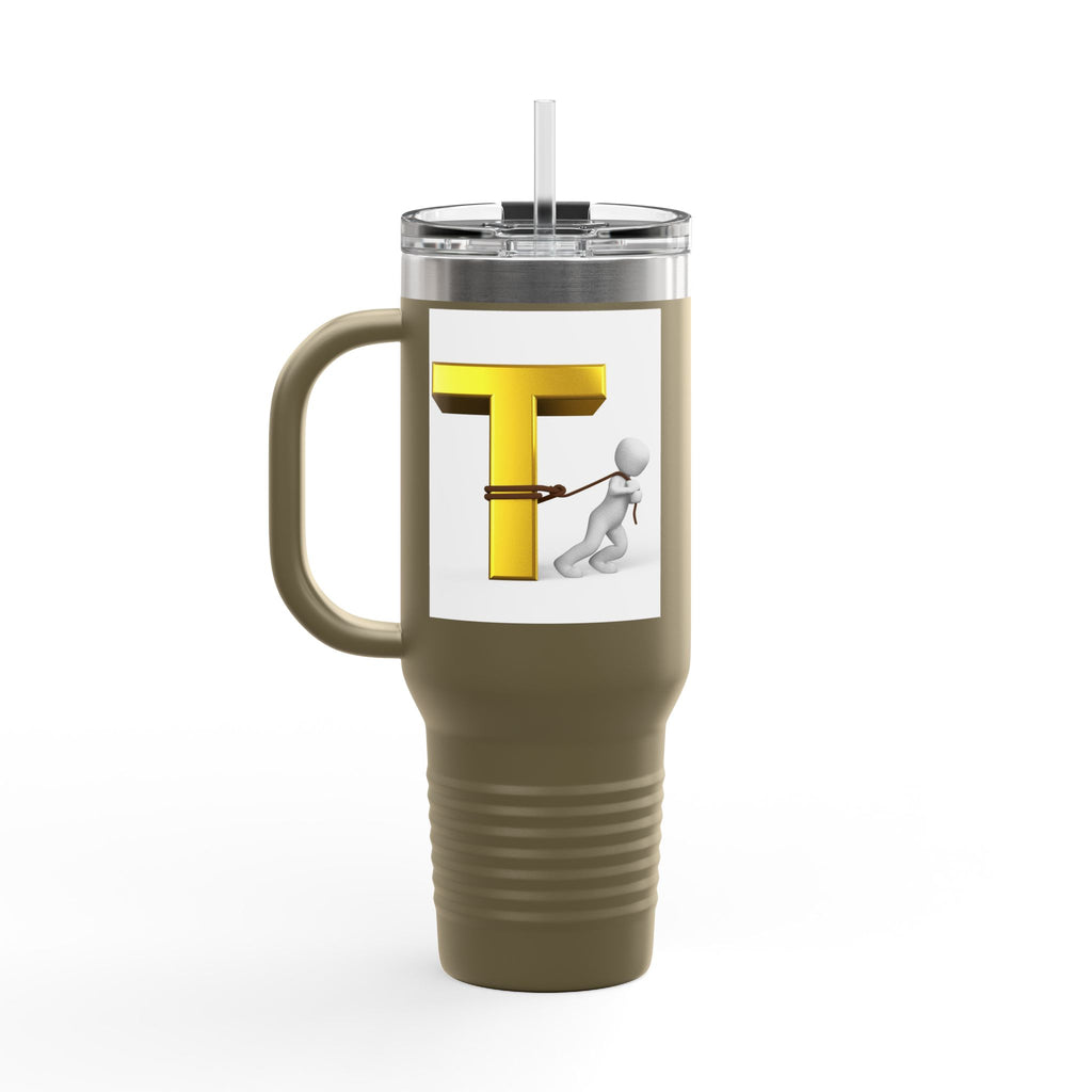 3D Stick Figure Pulling Gold Letter T Travel Mug | 40oz Insulated Tumbler