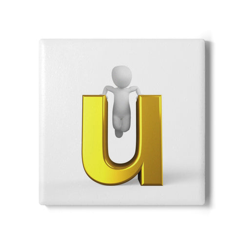 3D Person Climbing Gold Letter U Ceramic Coaster | Alphabet Initial Decor