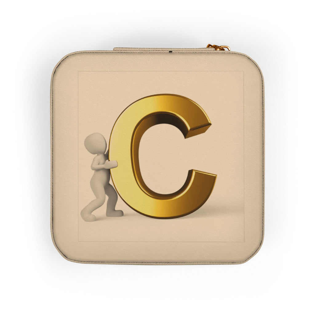 Gold Letter C Monogram Jewelry Travel Case | Compact Pink Jewelry Organizer