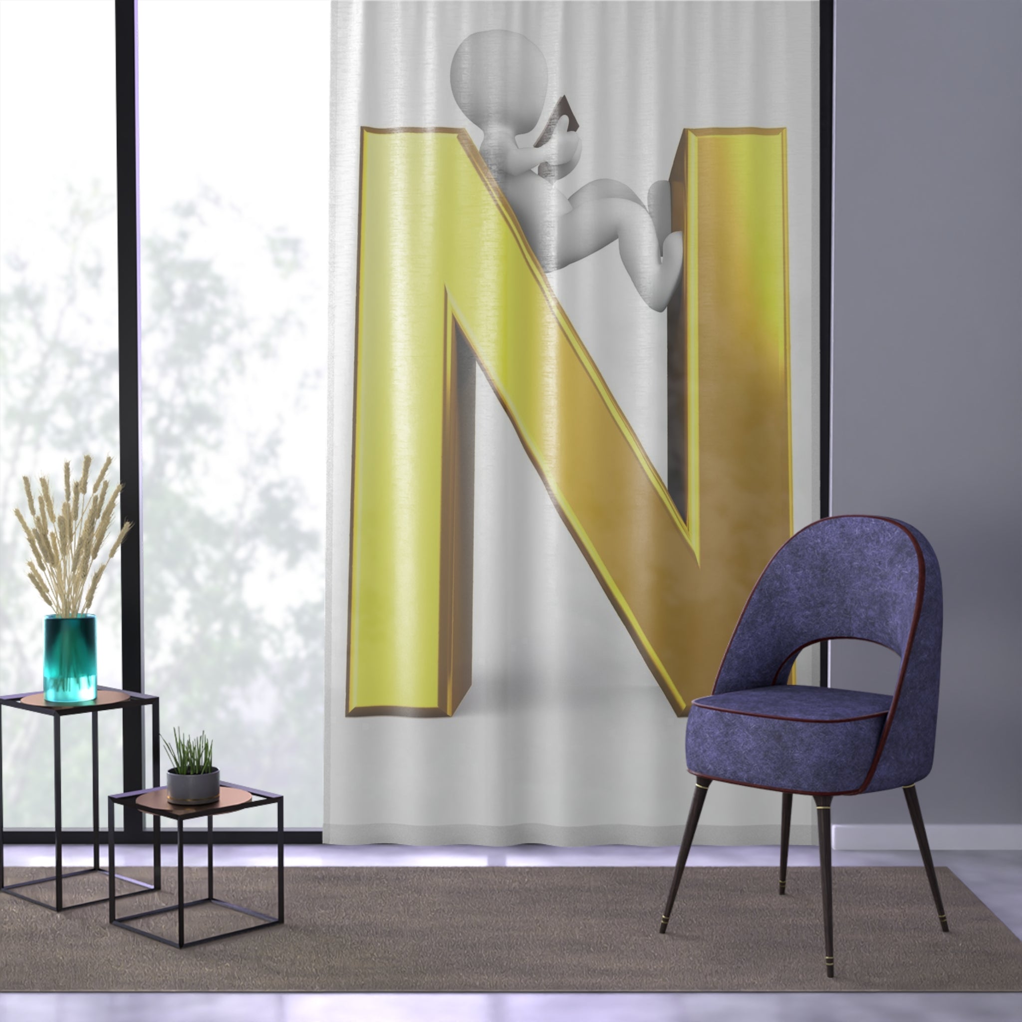 Gold Letter N with 3D Stick Figure Window Curtain | Alphabet Initial Panel