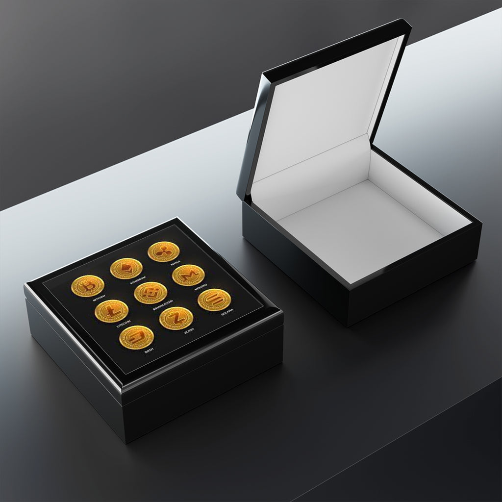 Cryptocurrency Coin Icons Jewelry Box | Bitcoin Ethereum Ripple Litecoin Display